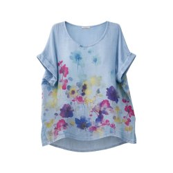 Linen & Cotton House himmelbl� h�rbluse med farverigt blomsterprint i 100% h�r