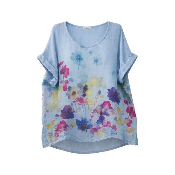 Linen & Cotton House himmelbl� h�rbluse med farverigt blomsterprint i 100% h�r