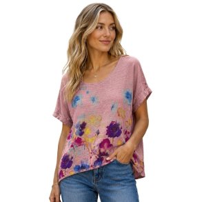 Linen & Cotton House rosa h�rbluse med blomsterprint i 100% h�r One Size