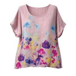 Linen & Cotton House rosa h�rbluse med blomsterprint i 100% h�r One Size
