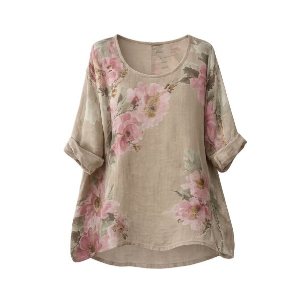 taupe h�r bluse med blomsterprint dame