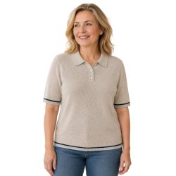 Beige Soulmate strik pullover med polokrave, korte �rmer og kontraststriber