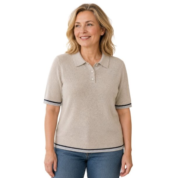 Beige Soulmate strik pullover med polokrave, korte �rmer og kontraststriber