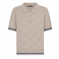 Beige Soulmate strik pullover med polokrave, korte �rmer og kontraststriber