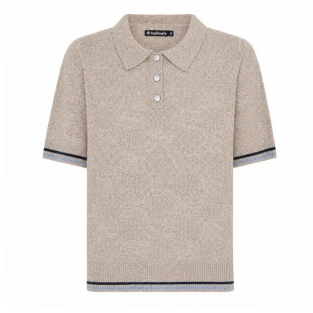 Beige Soulmate strik pullover med polokrave, korte �rmer og kontraststriber
