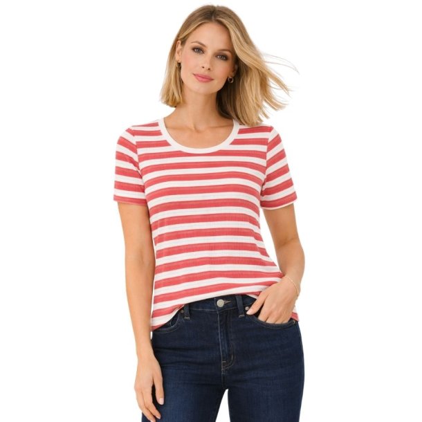 Soulmate stribet T-shirt i koral og hvid med rund hals