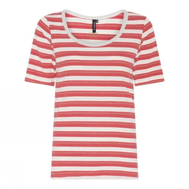 Soulmate stribet T-shirt i koral og hvid med rund hals