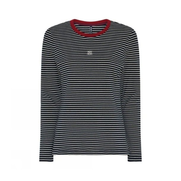 Soulmate lang�rmet marinebl� T-shirt med hvide striber.