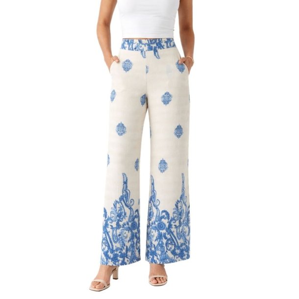 Soulmate bukser i creme med bl�t print og l�s pasform