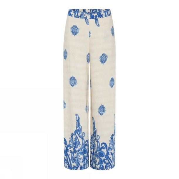 Soulmate bukser i creme med bl�t print og l�s pasform