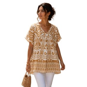 Pomelo Paris bluse i creme med sandfarvet grafisk print