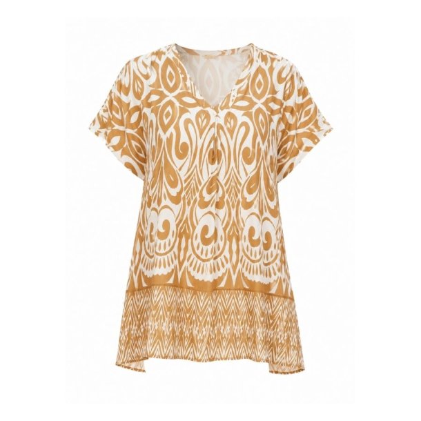 Pomelo Paris bluse i creme med sandfarvet grafisk print