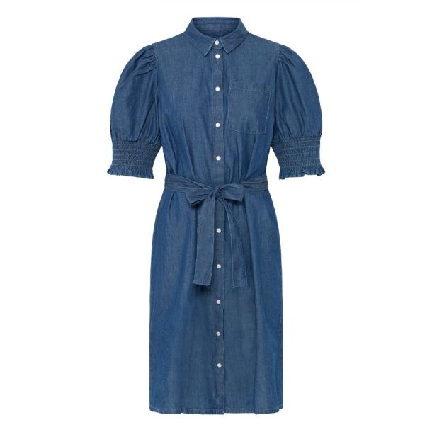 ICHI denimkjole bl� med bindeb�nd