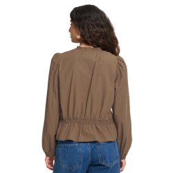 ICHI brun bluse med fl�sekant og rynkedetaljer