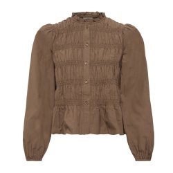 ICHI brun bluse med fl�sekant og rynkedetaljer