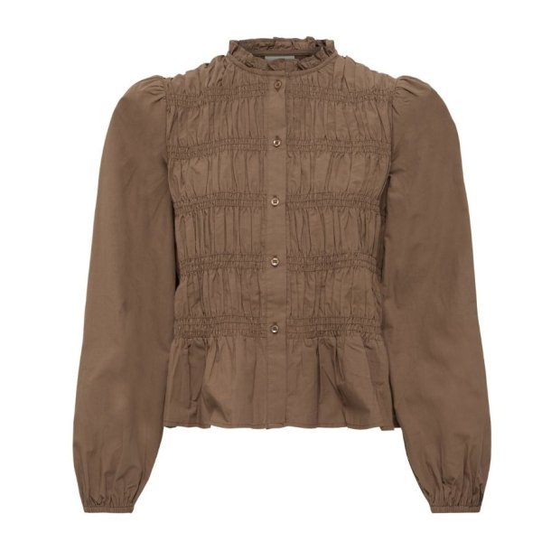 ICHI brun bluse med fl�sekant og rynkedetaljer