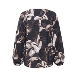 Fransa sort damebluse med stort blomsterprint i creme og brune nuancer samt V-hals