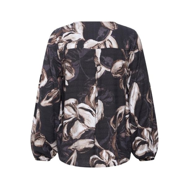 Fransa sort damebluse med stort blomsterprint i creme og brune nuancer samt V-hals