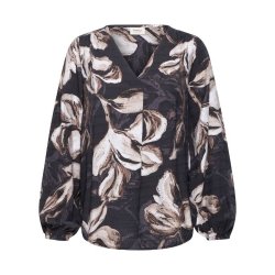 Fransa sort damebluse med stort blomsterprint i creme og brune nuancer samt V-hals