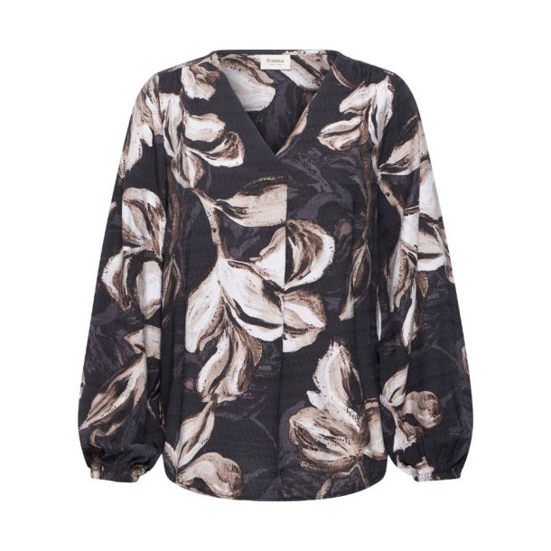 Fransa sort damebluse med stort blomsterprint i creme og brune nuancer samt V-hals