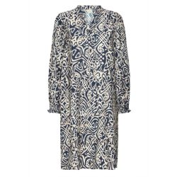 Fransa FRARIANA kjole i bl� med grafisk m�nster og lange �rmer