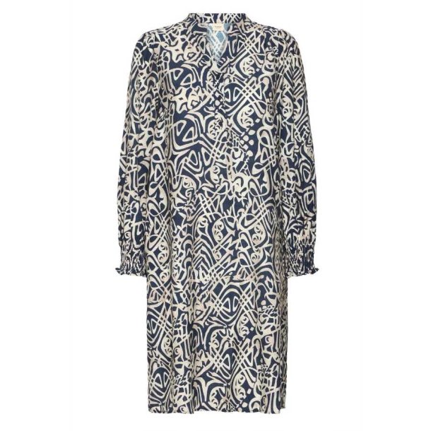 Fransa FRARIANA kjole i bl� med grafisk m�nster og lange �rmer