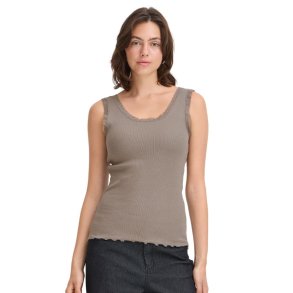 Fransa dame top i taupe med blondekant