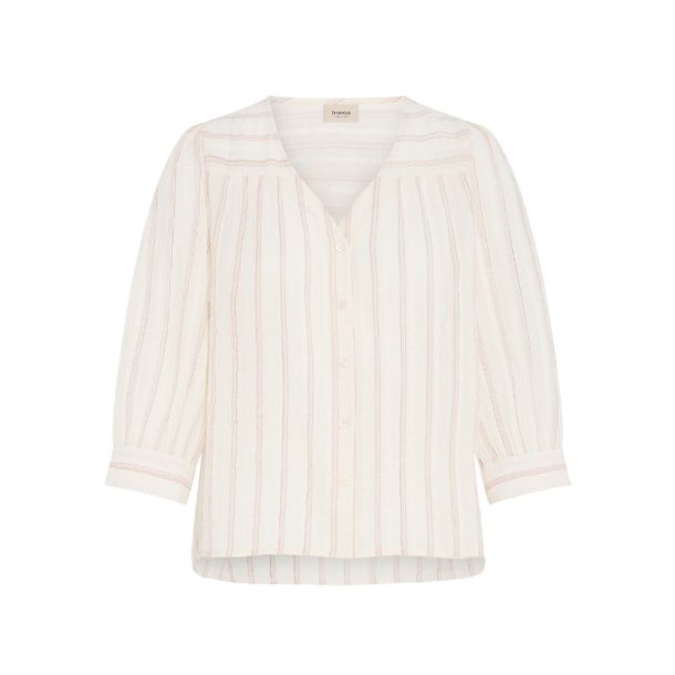 Fransa bluse i creme med fine lodrette striber og 3/4-�rmer