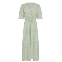 Fransa lys gr�n viskosekjole med blomsterprint og bindeb�nd