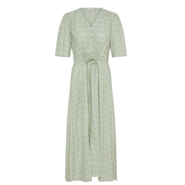 Fransa lys gr�n viskosekjole med blomsterprint og bindeb�nd