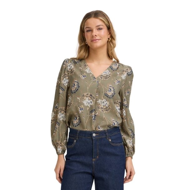 Fransa Frkalia olivengr�n bluse med blomster