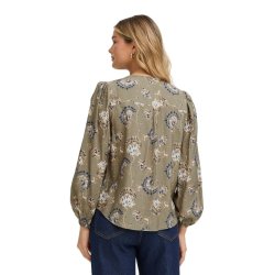 Fransa Frkalia olivengr�n bluse med blomster