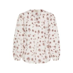 Fransa cremefarvet bluse med brunt blomsterprint og V-hals