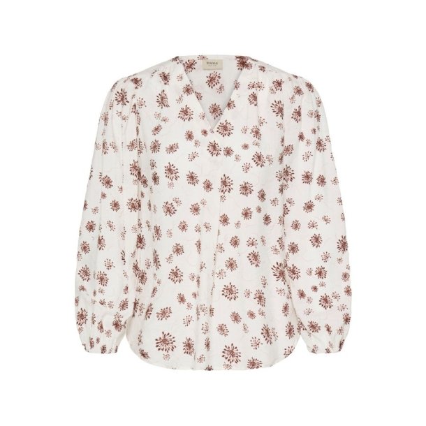 Fransa cremefarvet bluse med brunt blomsterprint og V-hals