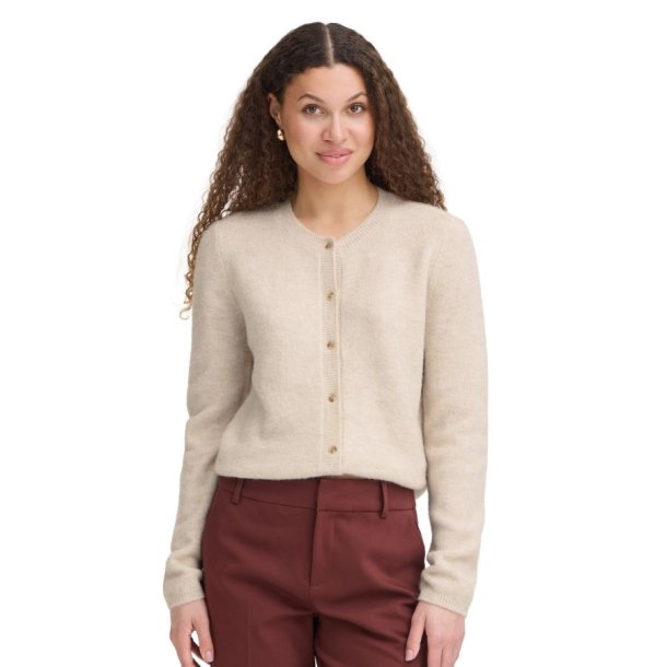 Fransa lys beige meleret cardigan med rund hals og knaplukning