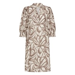 Fransa kjole i sand og creme med stort bladprint og 3/4-�rmer