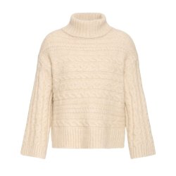 Fransa cremefarvet pullover med h�j hals og kabelstrik