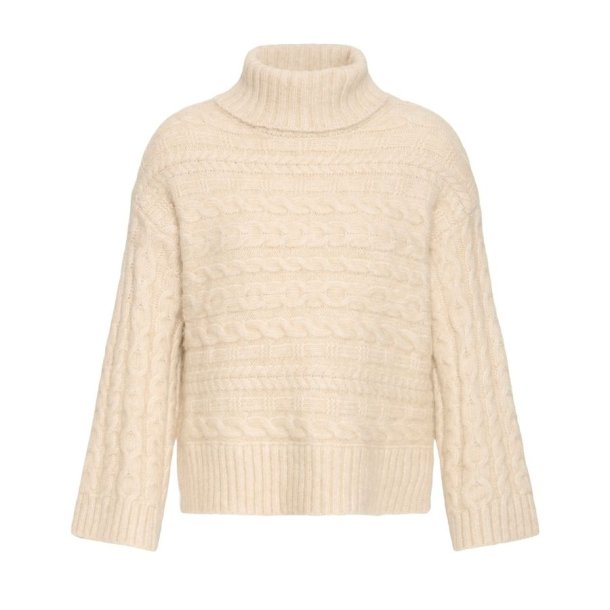 Fransa cremefarvet pullover med h�j hals og kabelstrik
