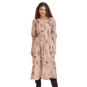 Fransa beige maxikjole med blomsterprint og bindeb�nd i taljen
