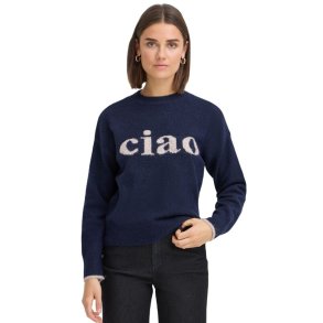 M�rkebl� Fransa pullover med lyst Ciao-motiv foran