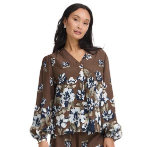 Fransa brun bluse med stort blomsterprint i bl� og creme