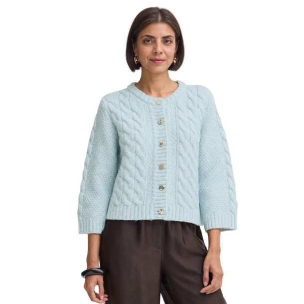 Fransa mintgr�n cardigan med kabelstrik, rund hals og dekorative knapper &ndash; 20618476