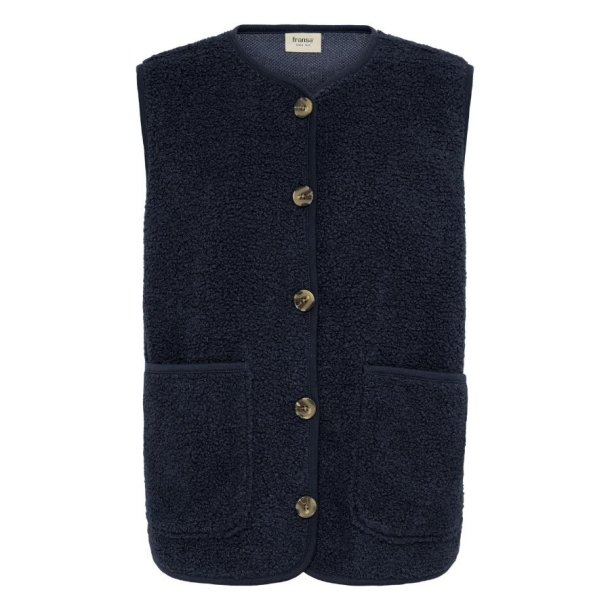 M�rkebl� Fransa vest med knapper og store lommer