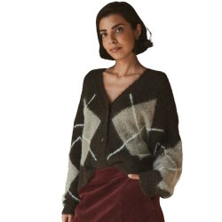 Fransa brun cardigan med beige og creme tern