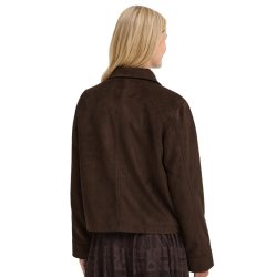 Fransa m�rkebrun kort jakke i ruskindslook med krave, knapper og frontlommer &ndash; 20618700