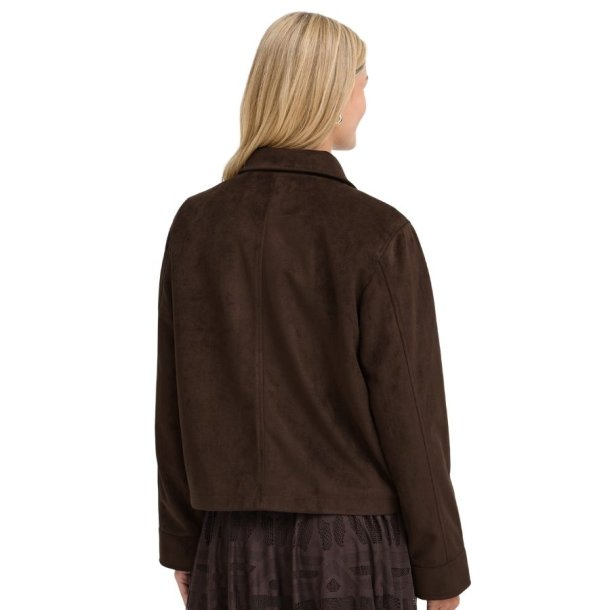 Fransa m�rkebrun kort jakke i ruskindslook med krave, knapper og frontlommer &ndash; 20618700