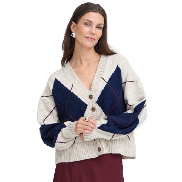 Fransa cardigan i creme med m�rkebl� tern, bordeaux detaljer, V-hals og knapper &ndash; 20618866