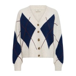 Fransa cardigan i creme med m�rkebl� tern, bordeaux detaljer, V-hals og knapper &ndash; 20618866