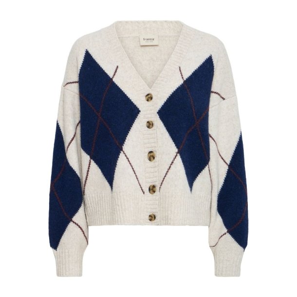 Fransa cardigan i creme med m�rkebl� tern, bordeaux detaljer, V-hals og knapper &ndash; 20618866