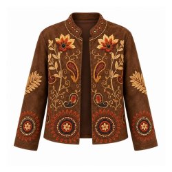 NOS brun damejakke i ruskindslook med farverigt blomsterprint